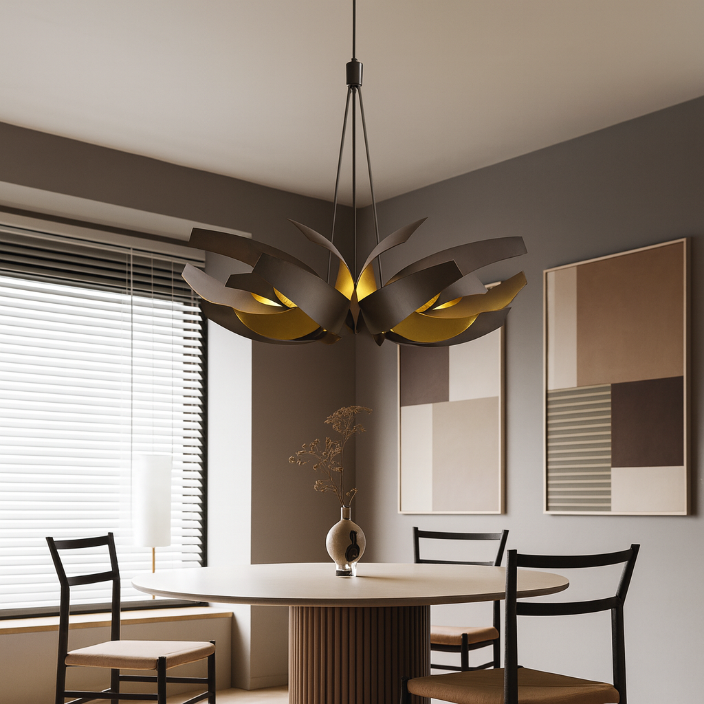 Contemporary Dining Room with Sculptural Petal Chandelier by UV Home