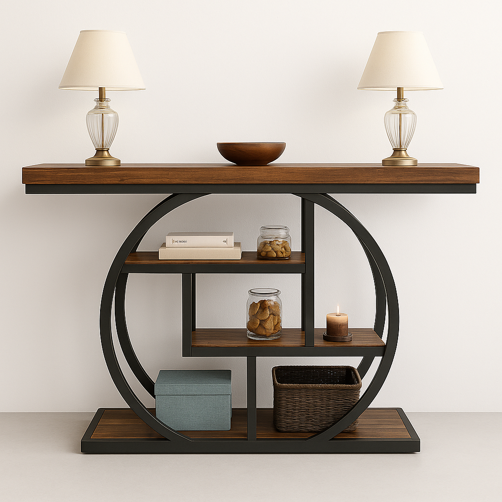 UV HOME 4-Tier Console Table – Narrow Wood Entryway & Sofa Table with Circle Base and Storage Shelves