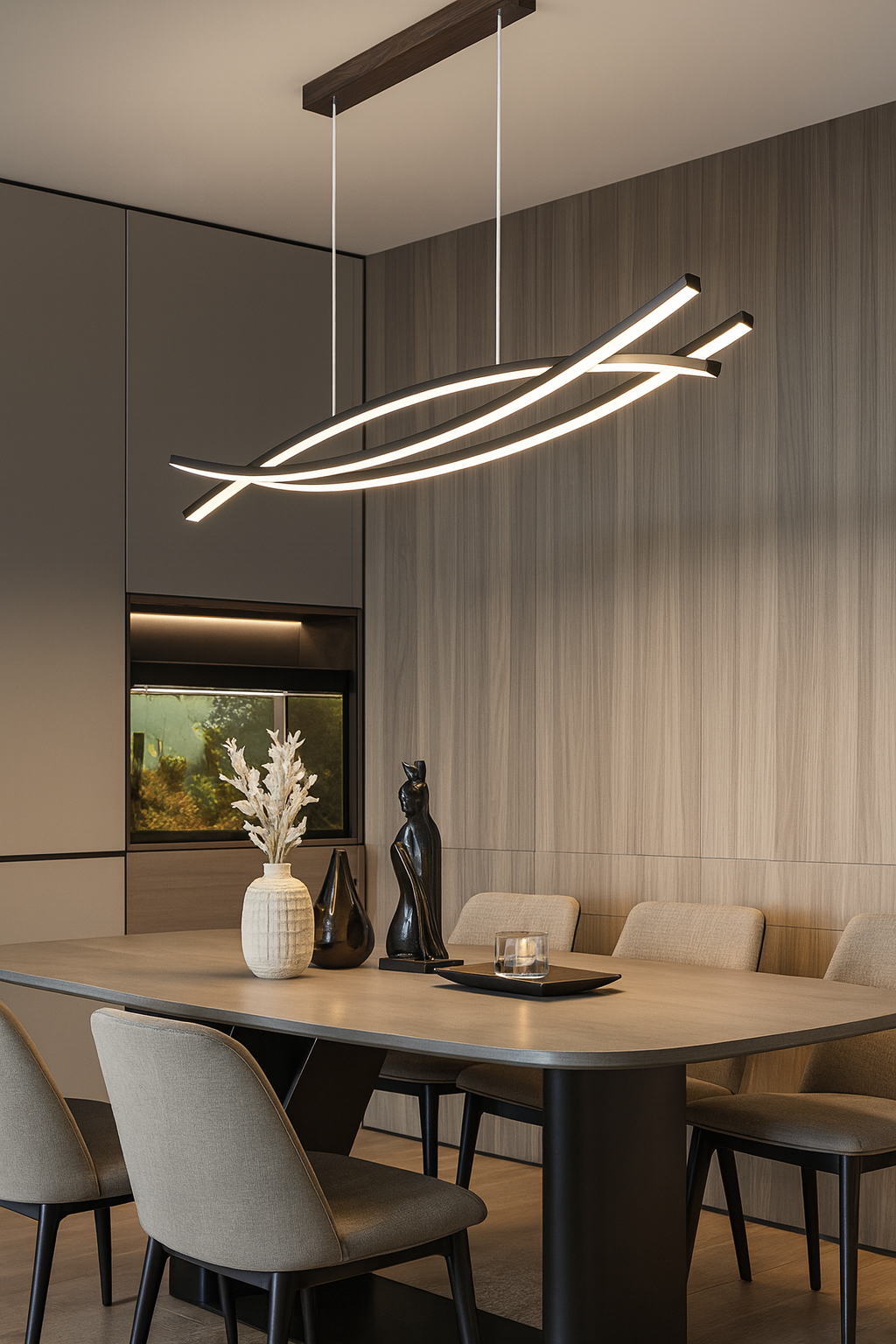 Contemporary Dining Room with Sculptural LED Pendant by UV Home