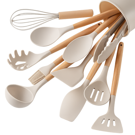 UV HOME – 12-Piece Silicone Kitchen Utensil Set with Wooden Handles