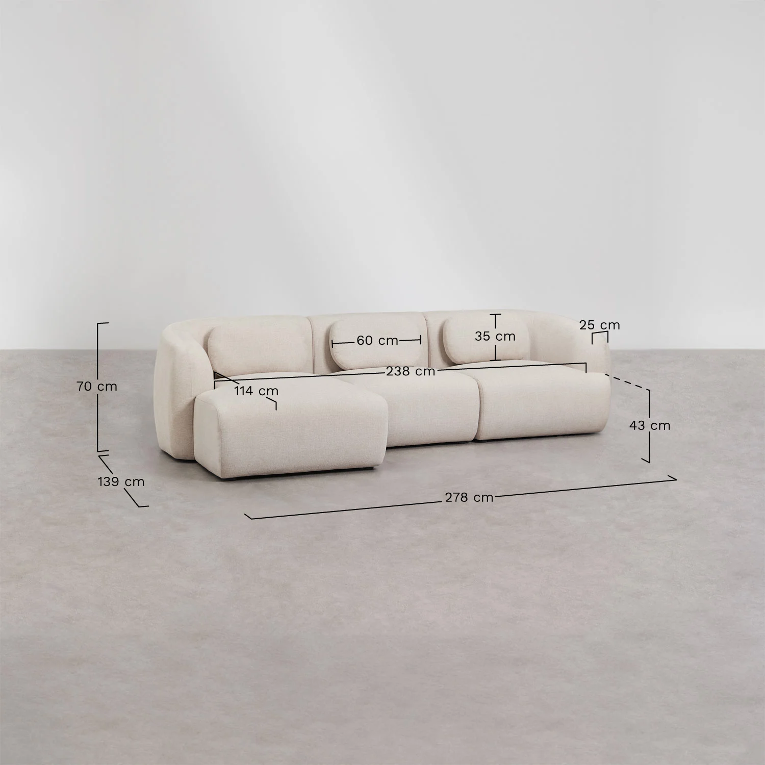 UV HOME 3-piece left chaise longue modular sofa in chenille Coquette