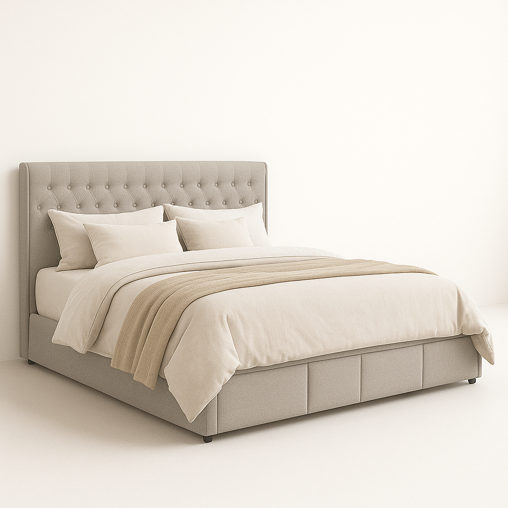 UV HOME Light Grey Cotton & Linen Bed Frame 180x200cm with Hydraulic Storage and Rivet Detail