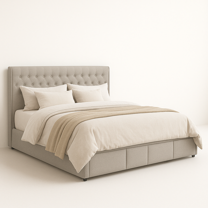 UV HOME Light Grey Cotton & Linen Bed Frame 180x200cm with Hydraulic Storage and Rivet Detail