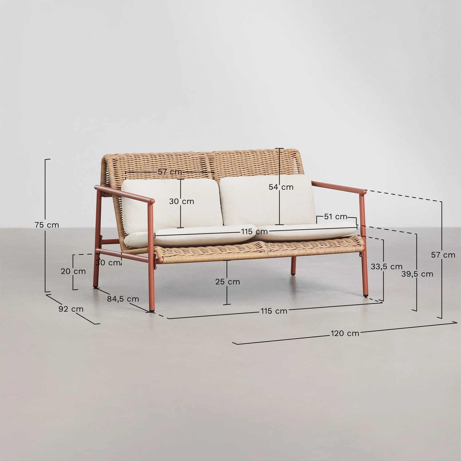 UV HOME Garden set with 2-seater sofa, 2 armchairs and coffee table made of aluminum and synthetic cane Duroli