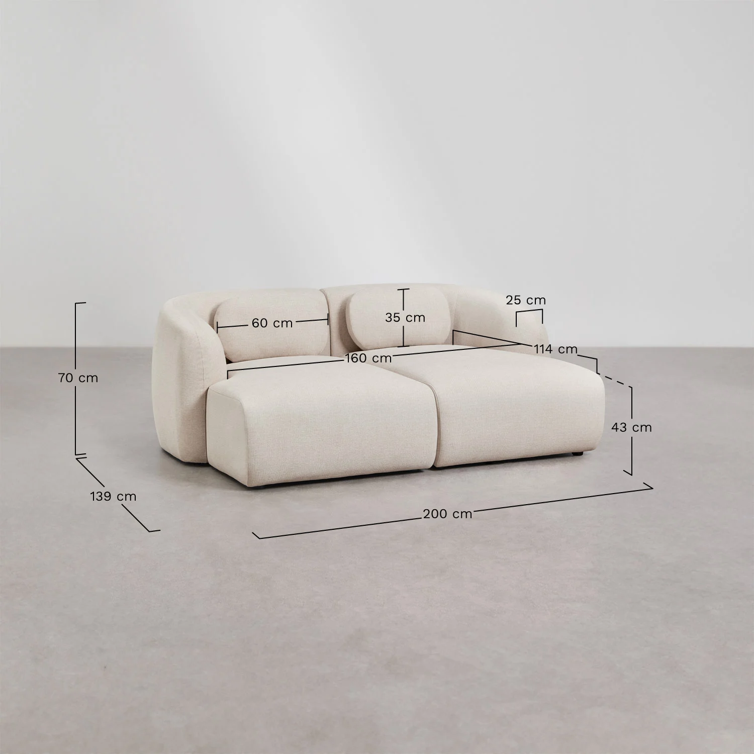 UV HOME 2-piece modular chaise longue sofa in chenille Coquette