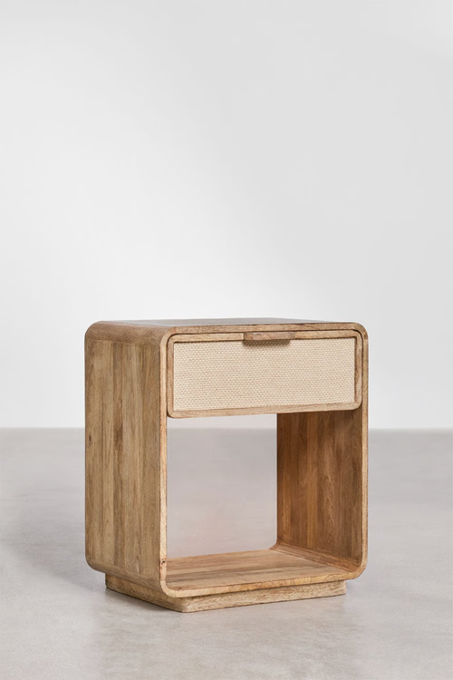 UV HOME Abrams Rectangular Bedside Table 40x30 cm in Mango Wood, MDF and Jute
