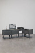 UV HOME 5-Piece Modular Outdoor Corner Kitchen with Sink, Organizer Panel and Savona Steel Charcoal Barbecue