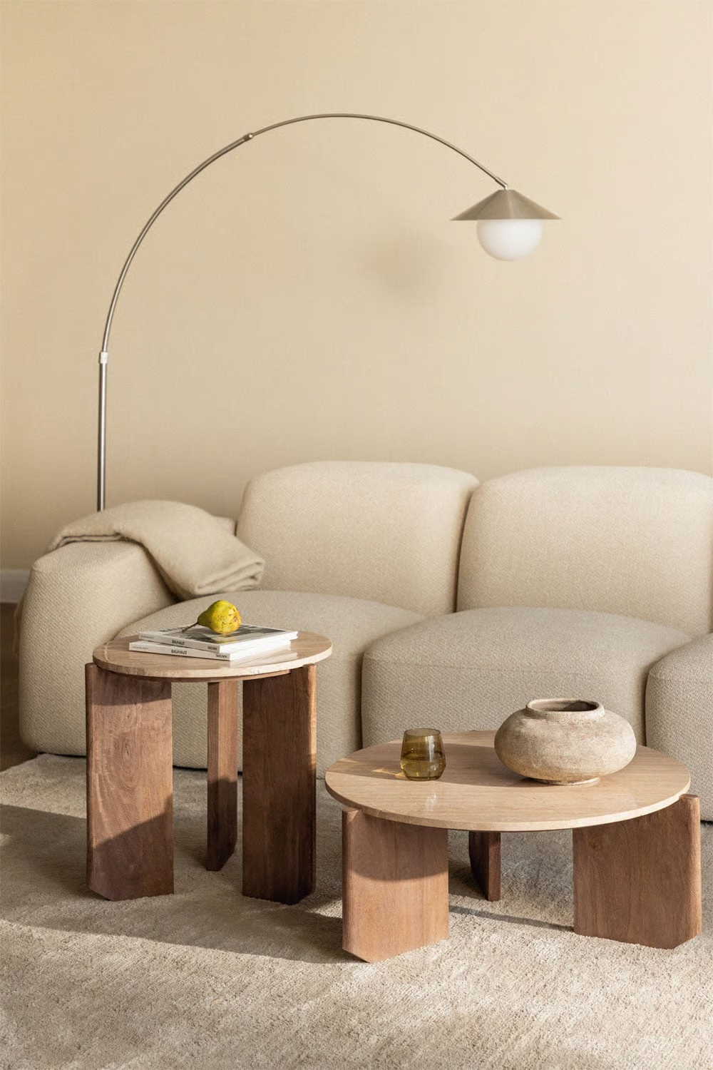UV HOME Lavinia Set of 2 Round Coffee Tables – Natural Stone & Mango Wood