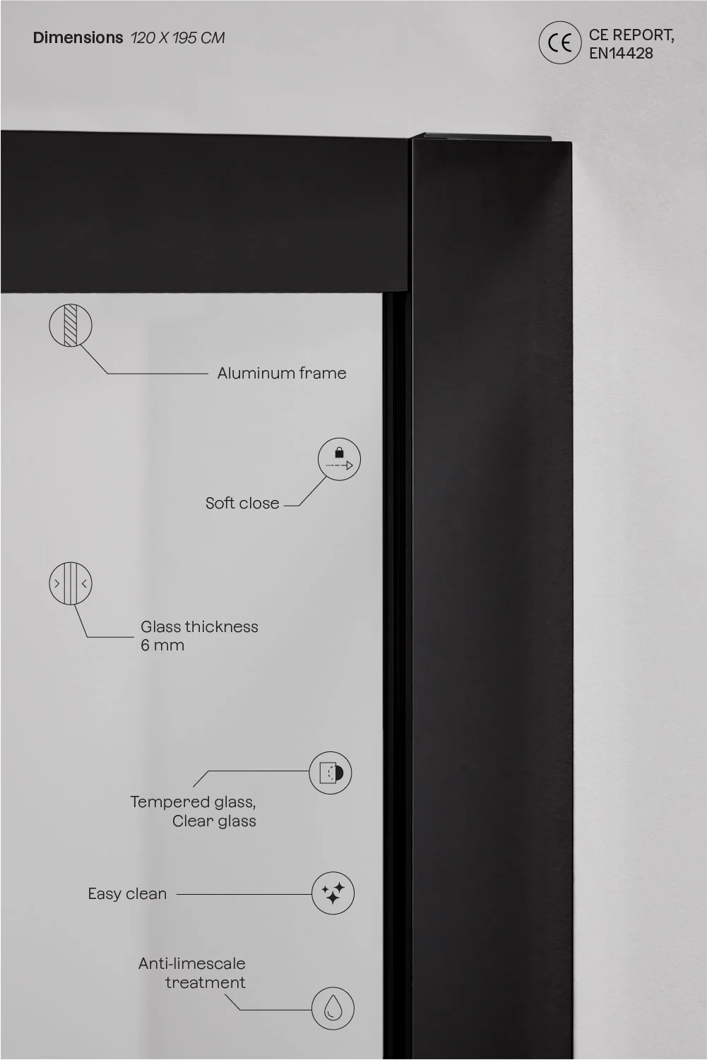 UV HOME Shower enclosure with front access and soft-close sliding door, 6 mm tempered glass and Dover aluminum