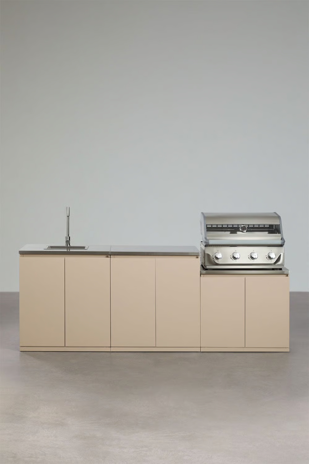 UV HOME 3-Piece Modular Outdoor Kitchen with Sink and 4-Burner Gas Barbecue in Rivana Steel
