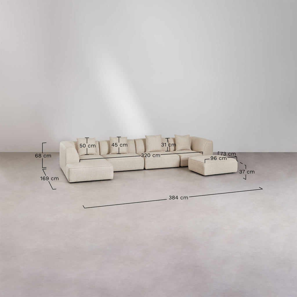 UV HOME 4-piece modular chaise longue sofa on the left with Cardea upholstered pouf
