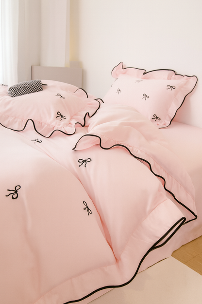 UV HOME 3-Piece Bow Embroidery Ruffled Bedding Set