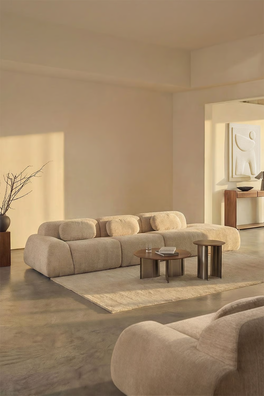 UV HOME Modular 3-part corner sofa with right couch in vacuum-packed chenille Merida