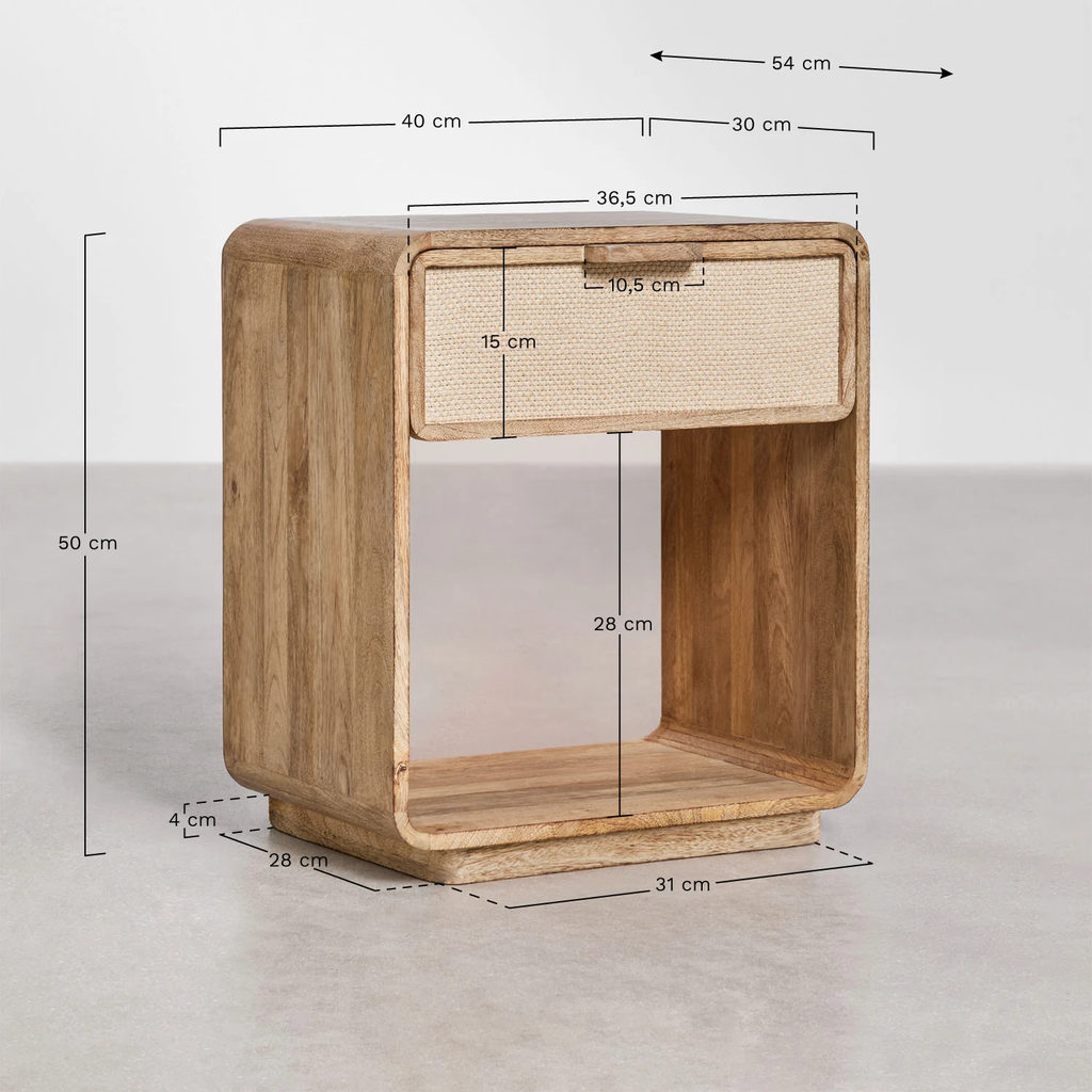 UV HOME Abrams Rectangular Bedside Table 40x30 cm in Mango Wood, MDF and Jute
