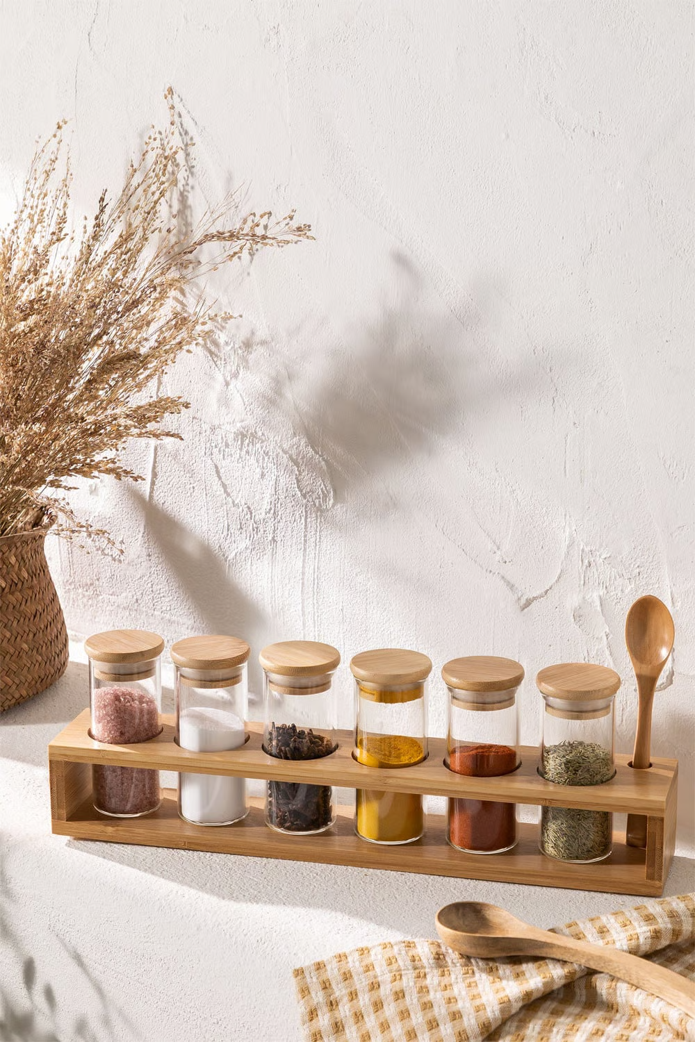 UV HOME Set of 6 Glass and Bamboo Spice Jars with Spoon Seyne