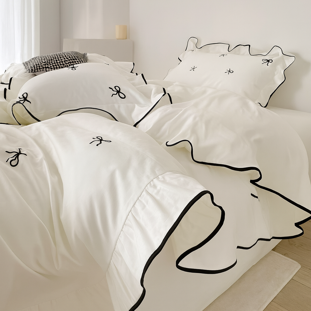 UV HOME 3-Piece Bow Embroidery Ruffled Bedding Set