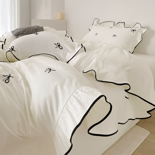UV HOME 3-Piece Bow Embroidery Ruffled Bedding Set
