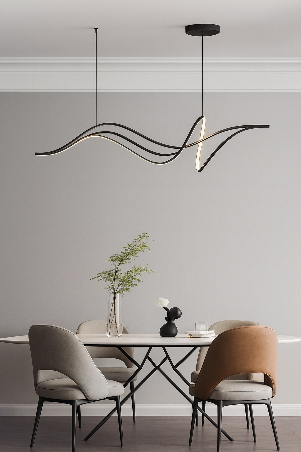 Modern Dining Room with Sculptural Wave Pendant by UV Home