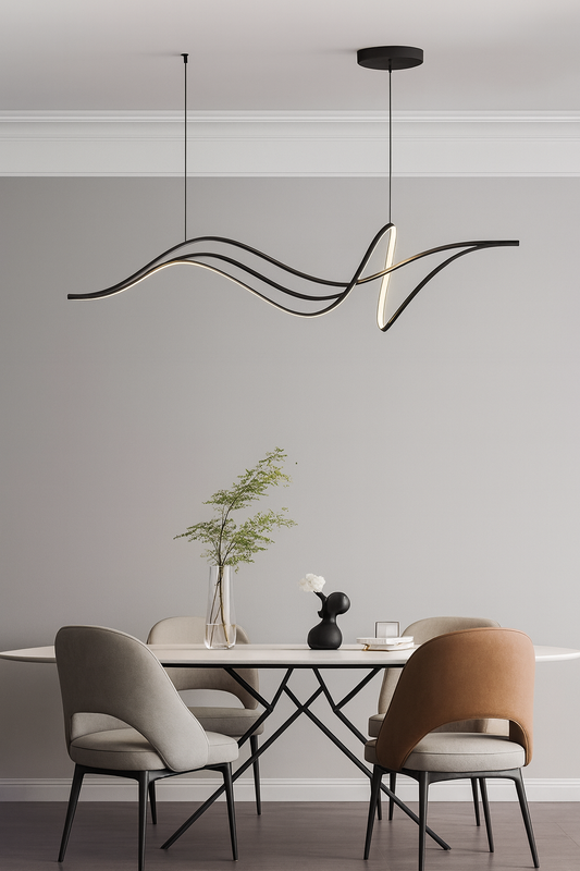 Modern Dining Room with Sculptural Wave Pendant by UV Home