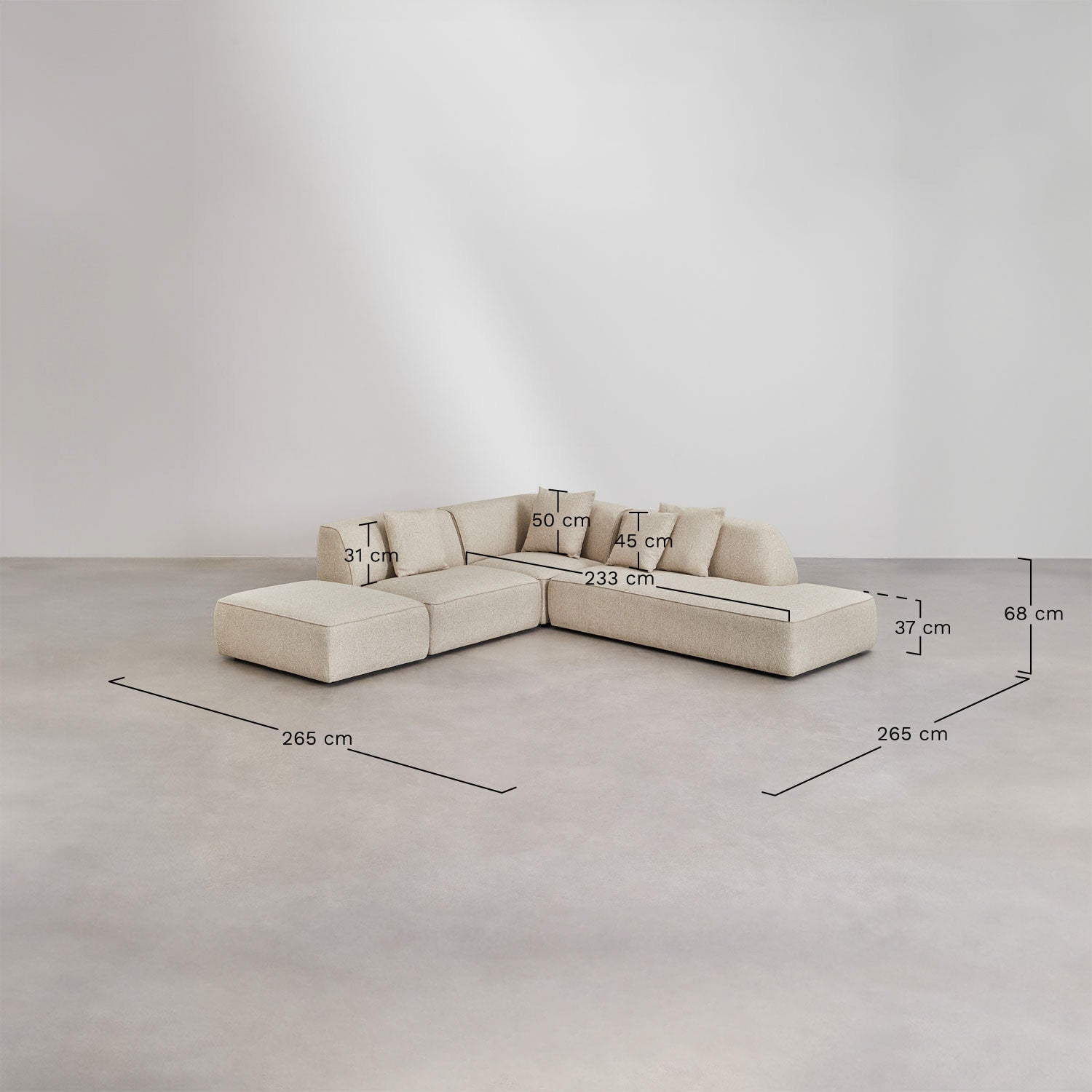 UV HOME Cardea 3-piece modular corner sofa with chaise longue right and upholstered pouf
