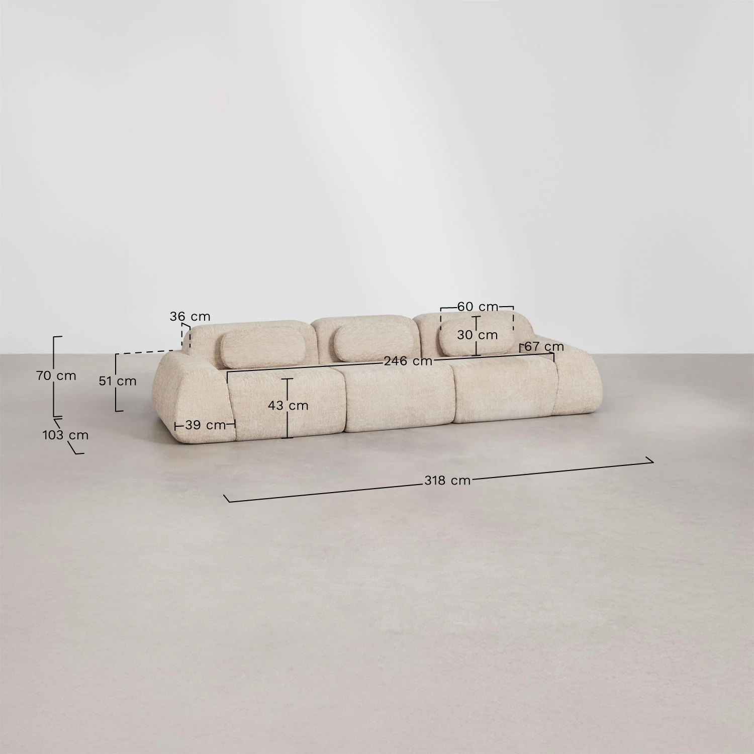 UV HOME 3-piece modular sofa in vacuum packed chenille Merida