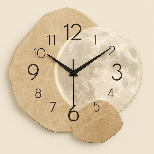 UV HOME – Modern Minimalist Silent Wall Clock | Moon Design, Wooden Quartz Timepiece for Bedroom, Living Room & Office Décor
