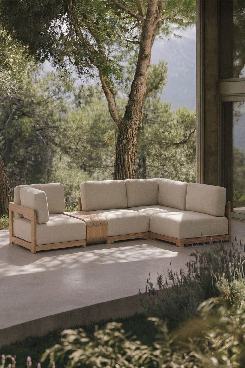UV HOME Brivori 4-piece modular corner garden bench with acacia wood side table