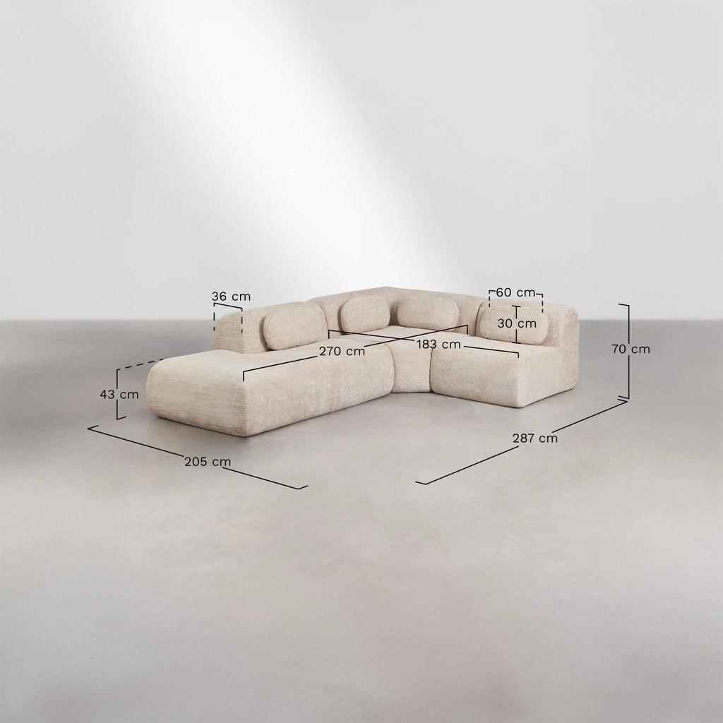UV HOME Modular 3-part corner sofa with left divan in vacuum packed chenille Merida