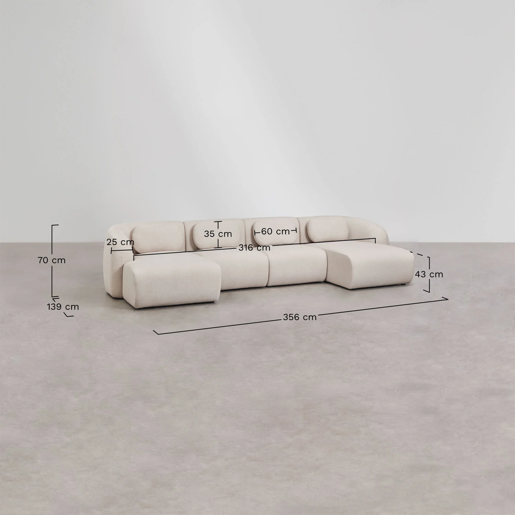 UV HOME Modular sofa with double chaise longue of 4 pieces in chenille Coquette