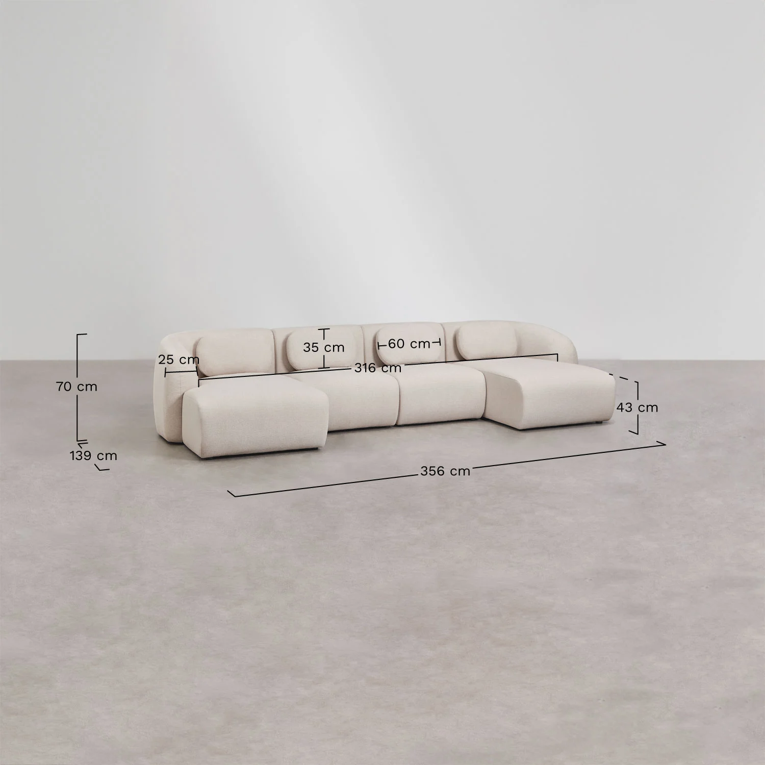 UV HOME Modular sofa with double chaise longue of 4 pieces in chenille Coquette