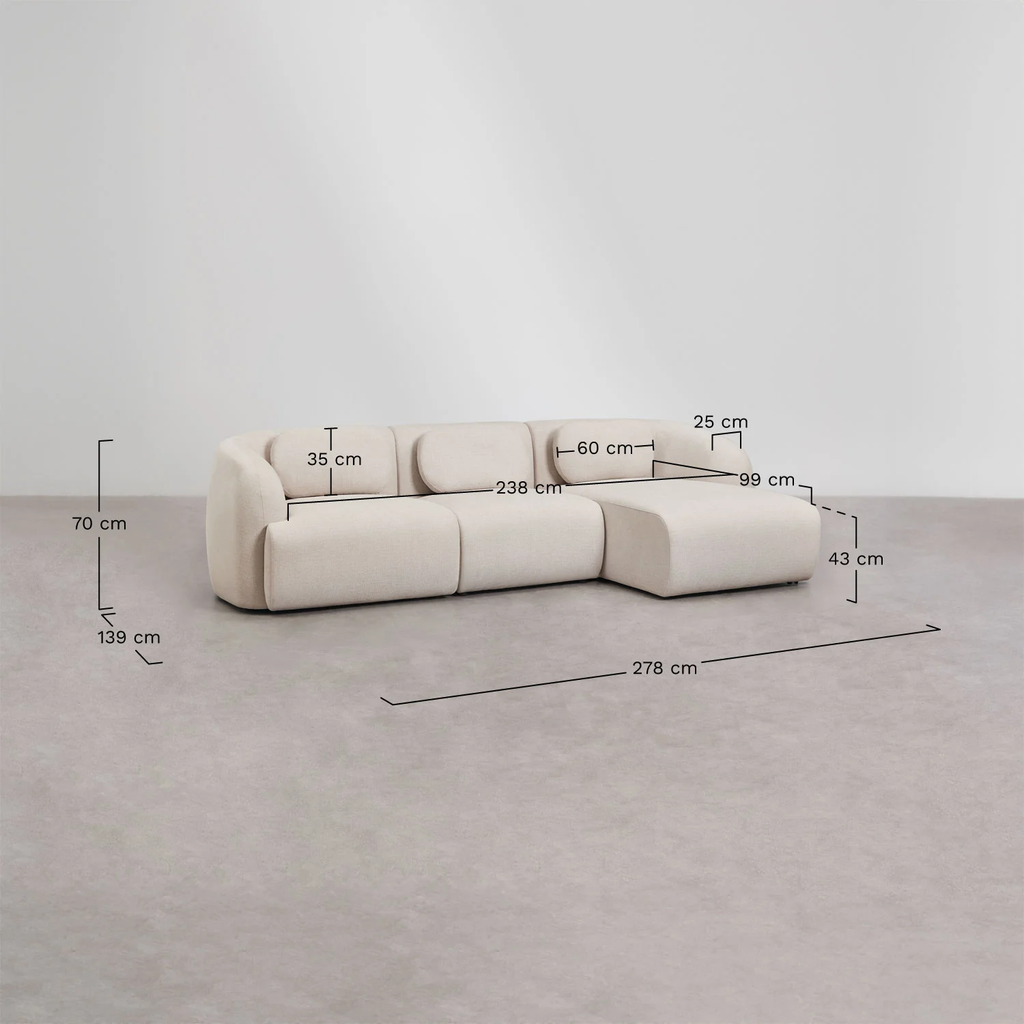 3-piece modular right chaise longue sofa in chenille Coquette
