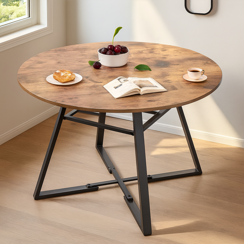 UV Home Round Wooden Dining Table with Industrial Metal Base