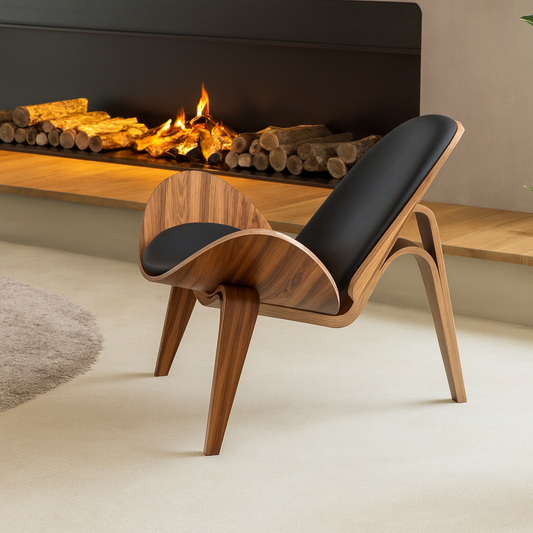 UV Home Modern Walnut Lounge Chair with Black Leather Upholstery