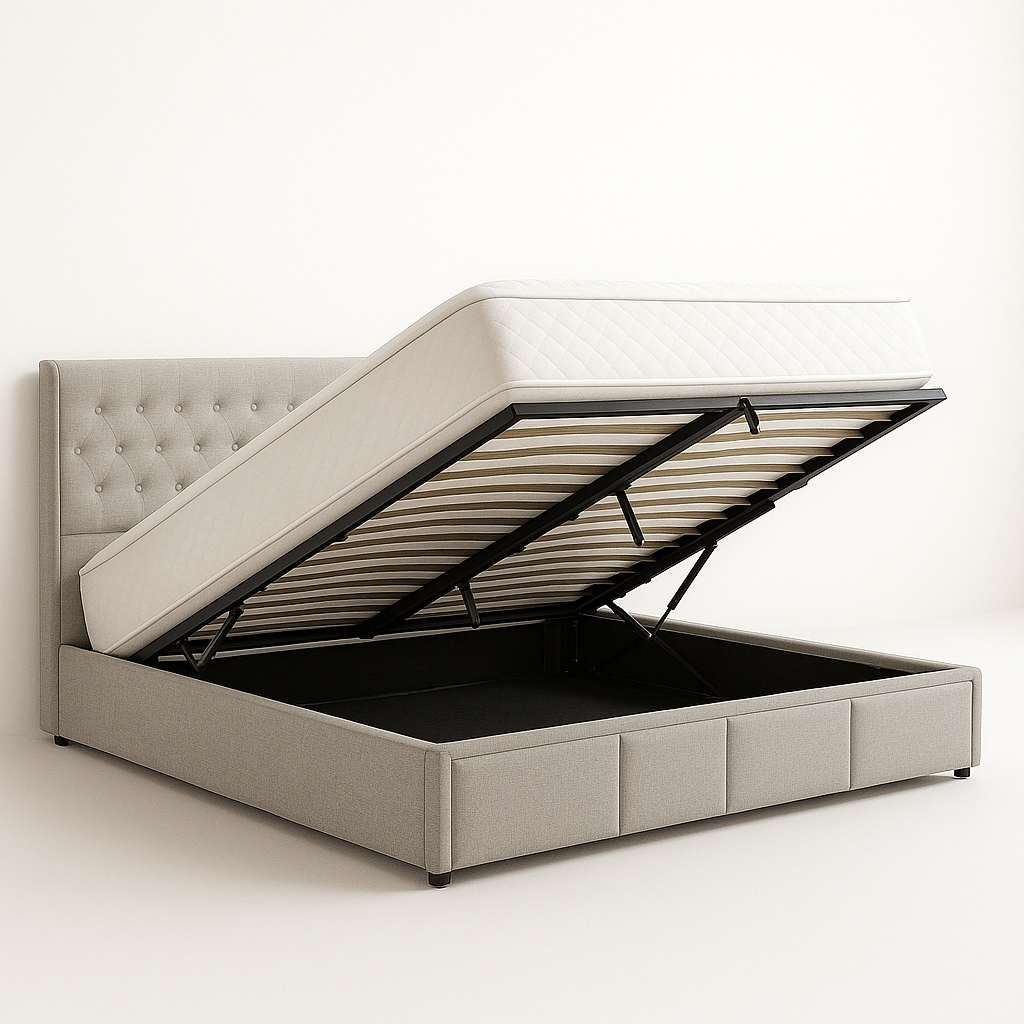 UV HOME Light Grey Cotton & Linen Bed Frame 180x200cm with Hydraulic Storage and Rivet Detail